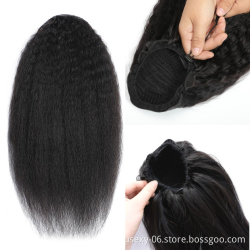 Wholesale 100 Raw Cuticle Aligned Hair Extension Kinky Straight Drawstring Elastic Band Human Hair Ponytails